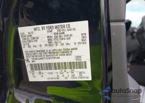 2012 Ford Escape Limited z USA, uszkodzony, nr VIN 1FMCU9E71CKC78146